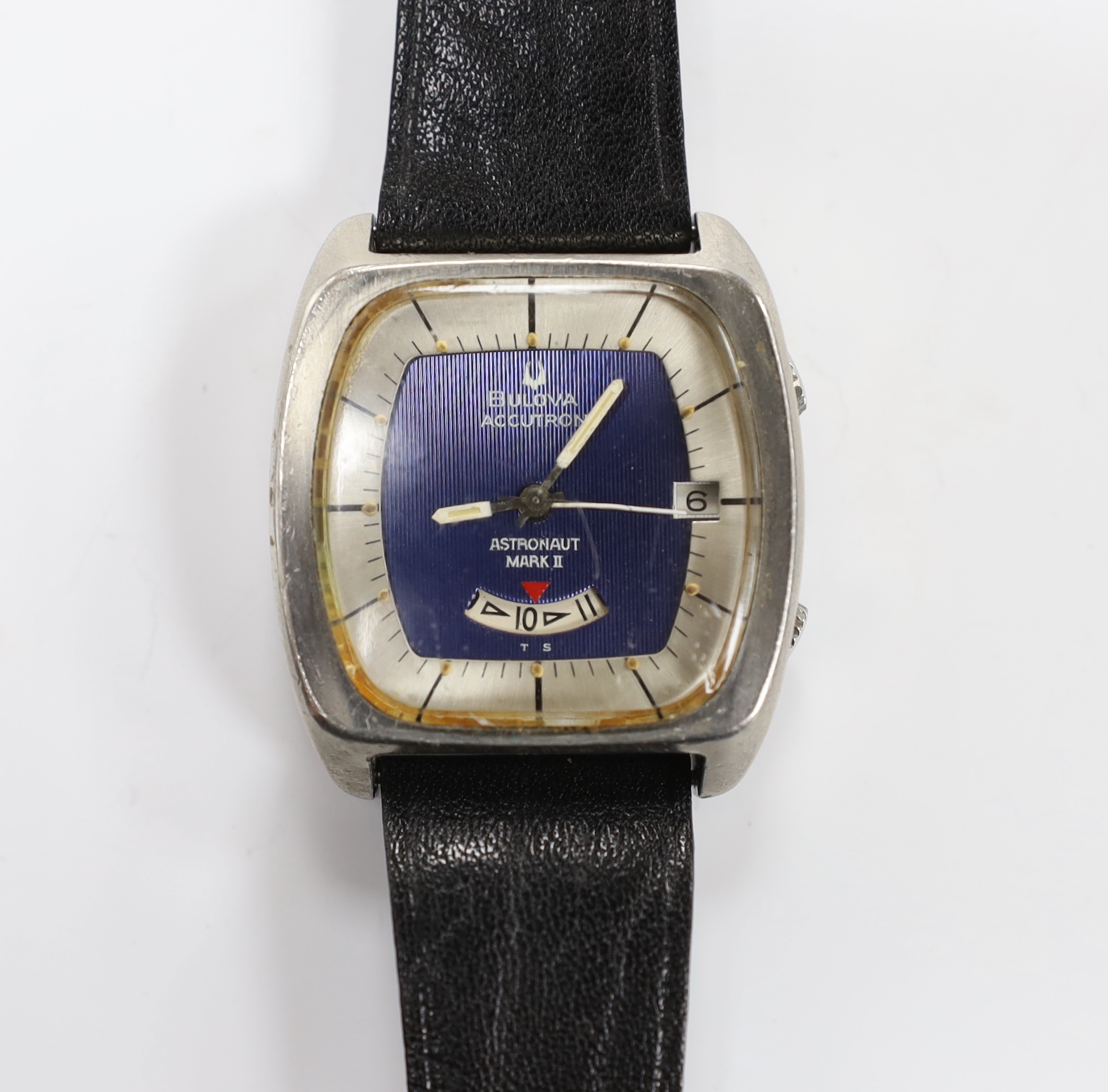 A gentleman's stainless steel Bulova Astronaut Mark II wrist watch, on a leather strap, case diameter 36mm.